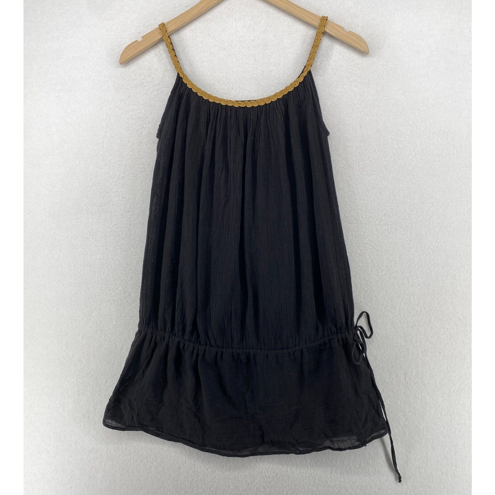ELIF Tank Top S Crinkled Gauze Tunic Shirred Cinched Spaghetti Strap Black
